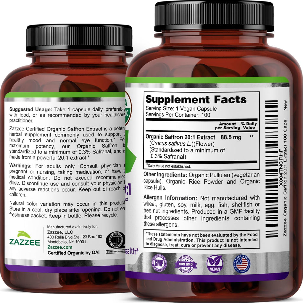 Zazzee USDA Organic Saffron 20:1 Extract, 88.5 mg, 0.3% Safranal, 100 Vegan Capsules, 3+ Month Supply, Concentrated and Standardized 20X Extract, Non-GMO, All-Natural, Made in the USA