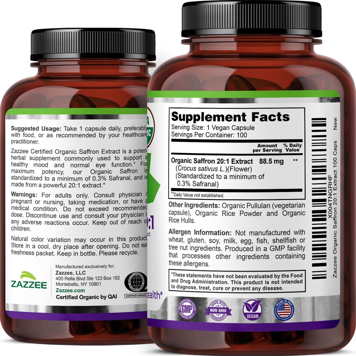 Zazzee USDA Organic Saffron 20:1 Extract, 88.5 mg, 0.3% Safranal, 100 Vegan Capsules, 3+ Month Supply, Concentrated and Standardized 20X Extract, Non-GMO, All-Natural, Made in the USA