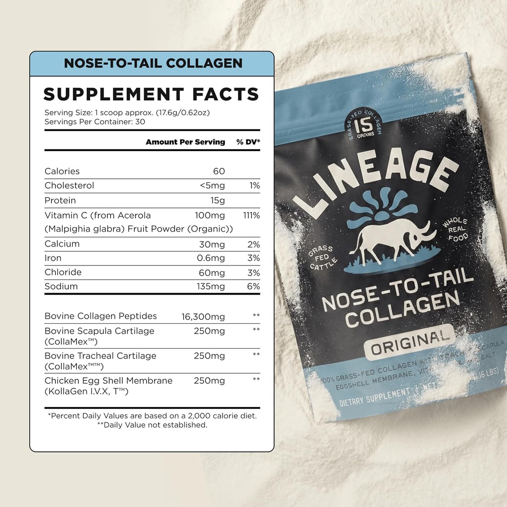 Lineage Provisions Grass Fed Collagen Powder, 30 Servings | Unflavored hydrolyzed bovine collagen peptides with trachea, scapula, eggshell membrane & vitamin C.