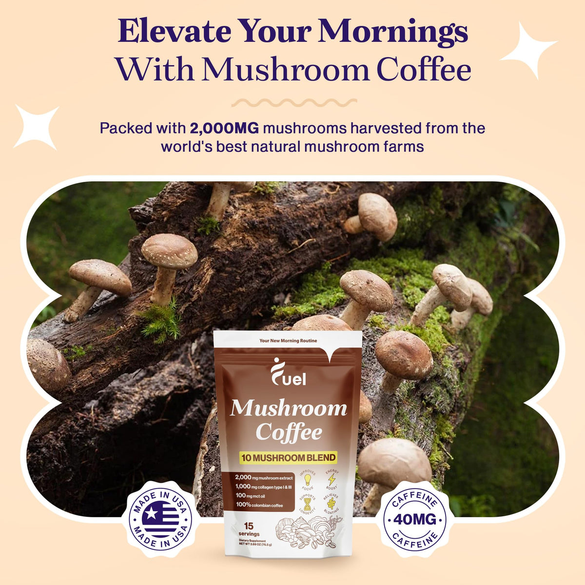 Fuel Brain Boost Mushroom Coffee Nutrition, Organic Blend for Gut Health, Lion's Mane Powder, Chaga & Mushroom Powder Low Caffeine Instant Coffee, Nootropics Drink, 30 Servings