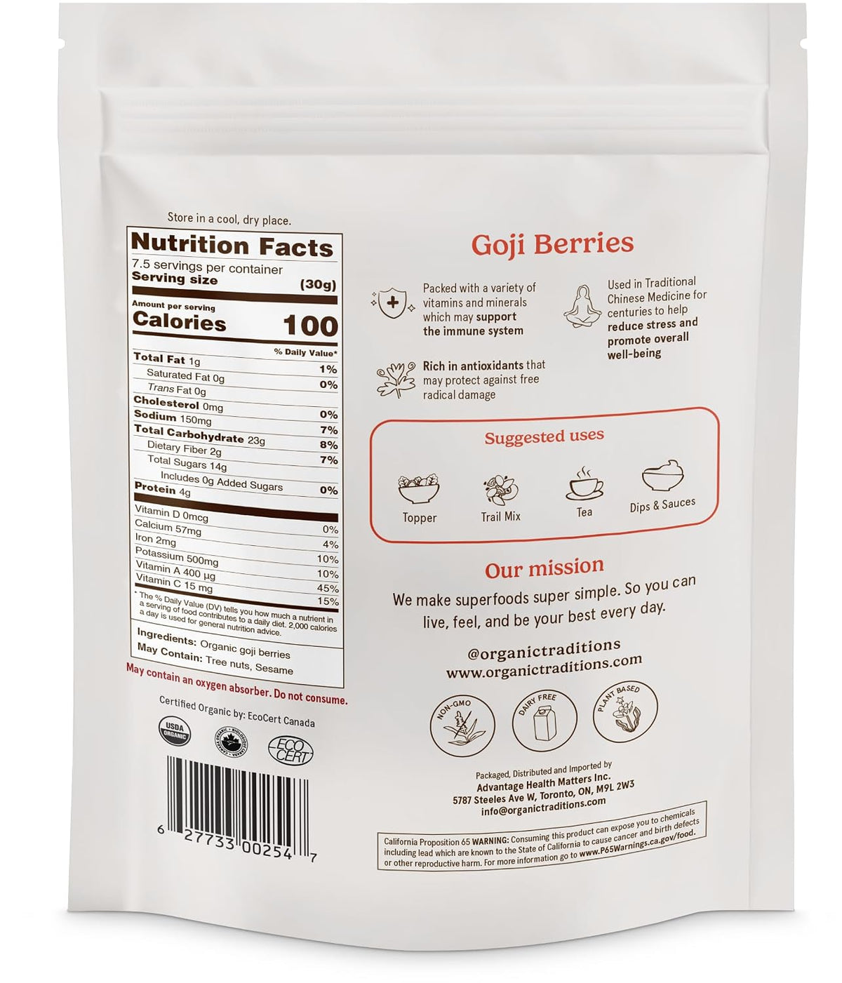 Organic Traditions Goji Berries, Organic Dried Whole Superfruit, Naturally Sweet Berry Flavor With Vitamins, Minerals And Antioxidants, Superfood and Snack For Tea,And Everyday Recipes, 227g / 8oz