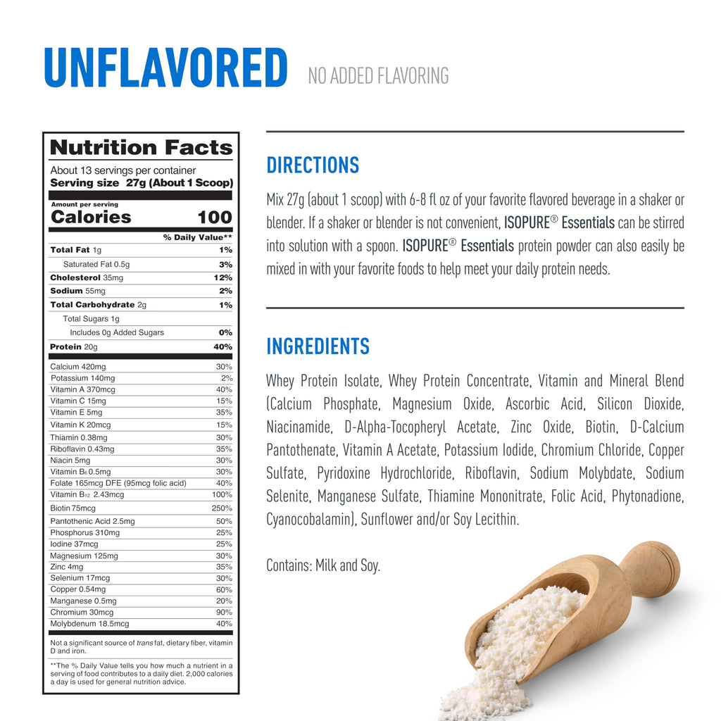 Isopure Essentials 100% Whey Protein Powder, with Vitamins, 20g Protein Per Serving, Unflavored, 13 Servings (Pack of 1)
