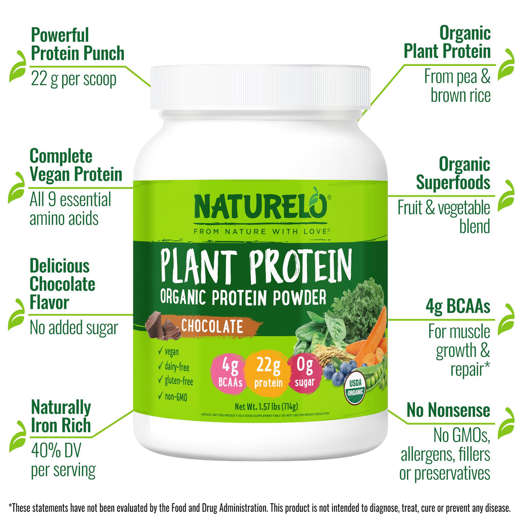 NATURELO Plant Protein Powder, Vanilla, 22g Protein - Non-GMO, Vegan, No Gluten, Dairy, or Soy - No Artificial Flavors, Synthetic Coloring, Preservatives, or Additives - 20 Servings