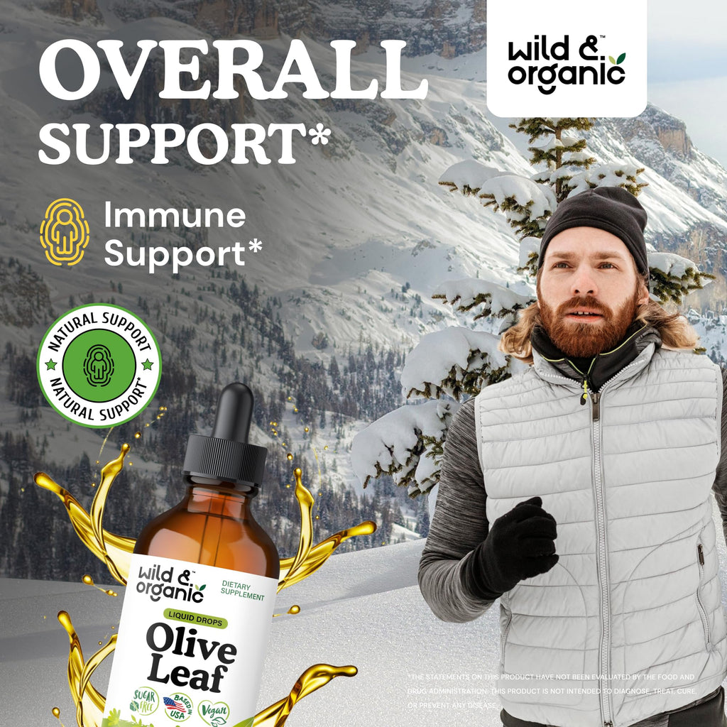 Wild & Organic Olive Leaf Extract Liquid Drops - Immune & Antioxidant Support - Oleuropein Supplement - Add to Tea Olive Leaf Tincture - Vegan, Sugar & Alcohol Free - 4 fl oz