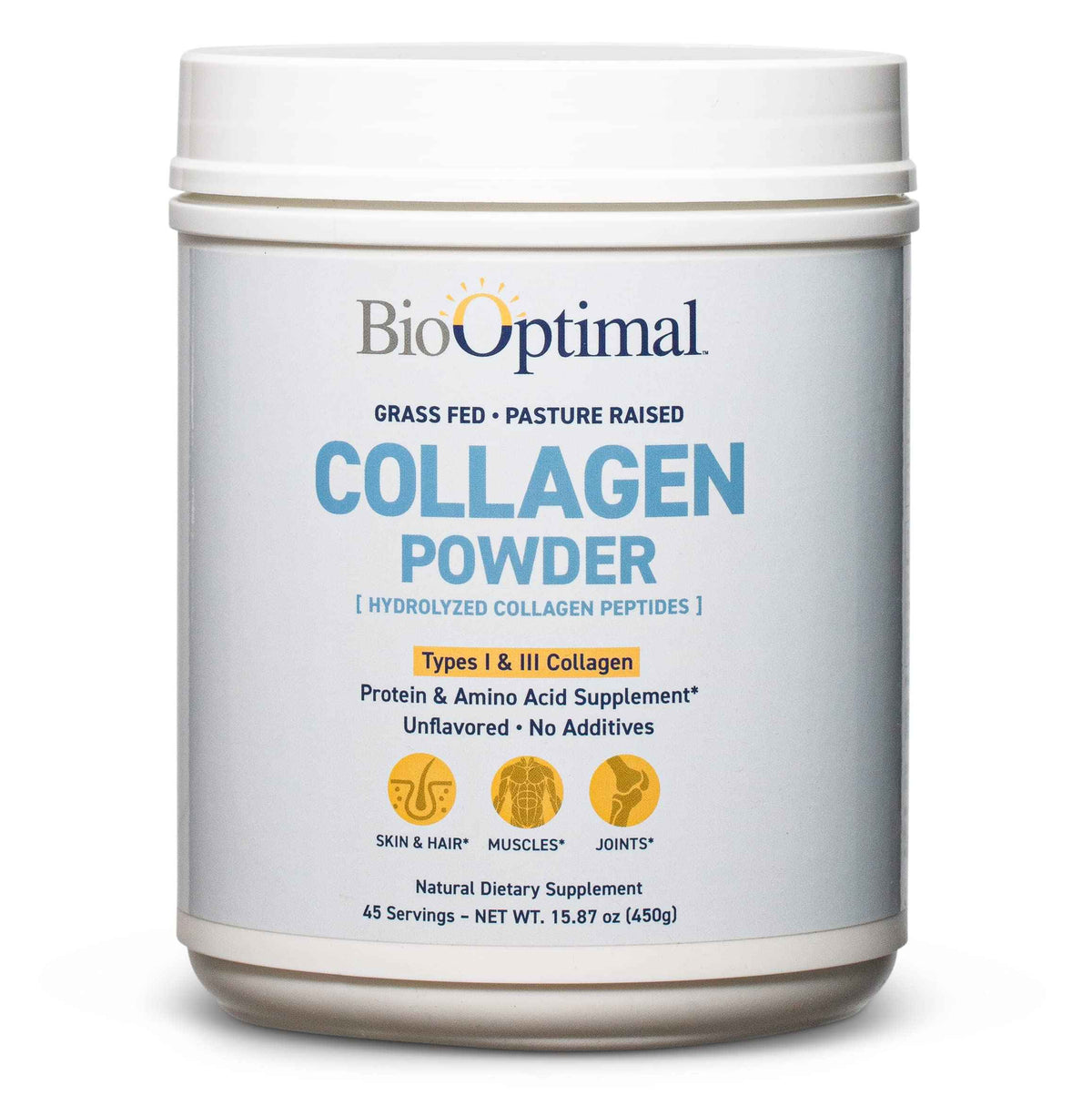 BioOptimal Collagen Peptides Powder - Grass-Fed, Pasture-Raised Hydrolyzed Protein Supplement for Skin, Hair, & Nails - Non-GMO, Zero Sugar Daily Supplement for Men & Women (45 Servings)