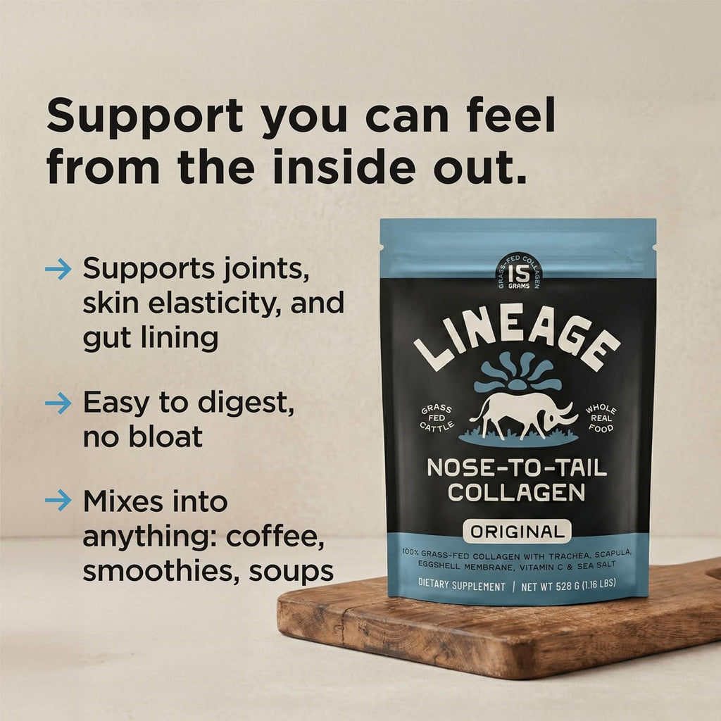 Lineage Provisions Grass Fed Collagen Powder, 30 Servings | Unflavored hydrolyzed bovine collagen peptides with trachea, scapula, eggshell membrane & vitamin C.