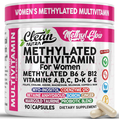 Methylated Multivitamin for Women Vitamins B6 Methyl B12 A B C D K E Folate Choline Omega 3 Thiamine Riboflavin Iron Clean Nutraceuticals