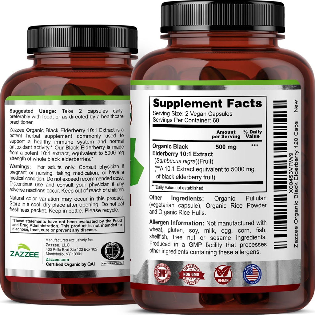 Zazzee USDA Organic Black Elderberry 10:1 Extract, 120 Vegan Capsules, 2 Month Supply, Sambucus Nigra, Antioxidant & Immune Support, Concentrated 10X Extract, All-Natural, Non-GMO, Made in the USA