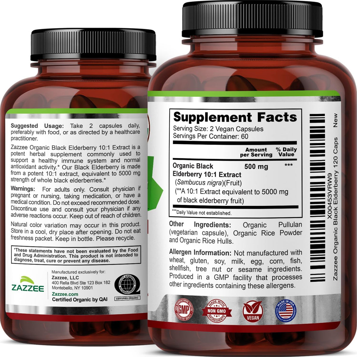 Zazzee USDA Organic Black Elderberry 10:1 Extract, 120 Vegan Capsules, 2 Month Supply, Sambucus Nigra, Antioxidant & Immune Support, Concentrated 10X Extract, All-Natural, Non-GMO, Made in the USA