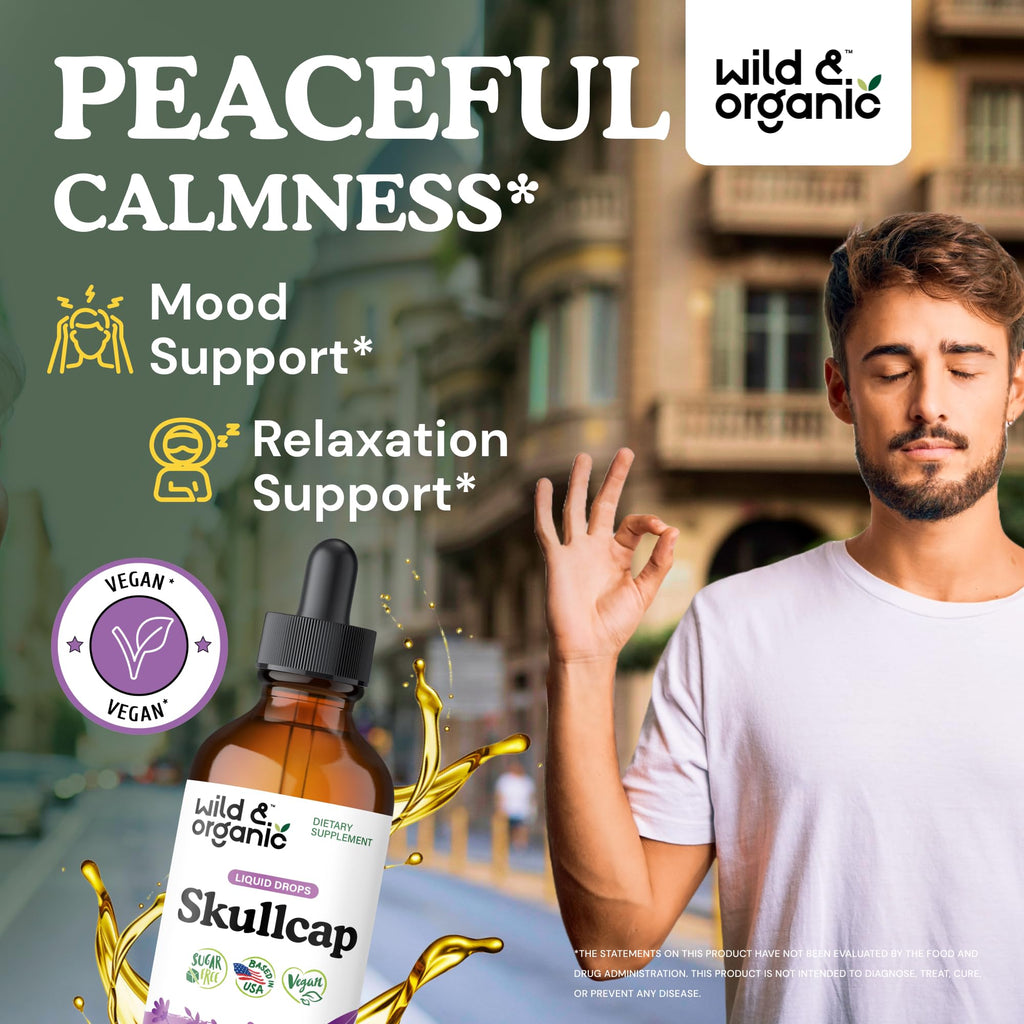 Wild & Organic Skullcap Herb Tincture - Skullcap Supplement for Mood Support - Relaxing Liquid Extract Drops - Vegan, Sugar & Alcohol-Free - 4 fl oz