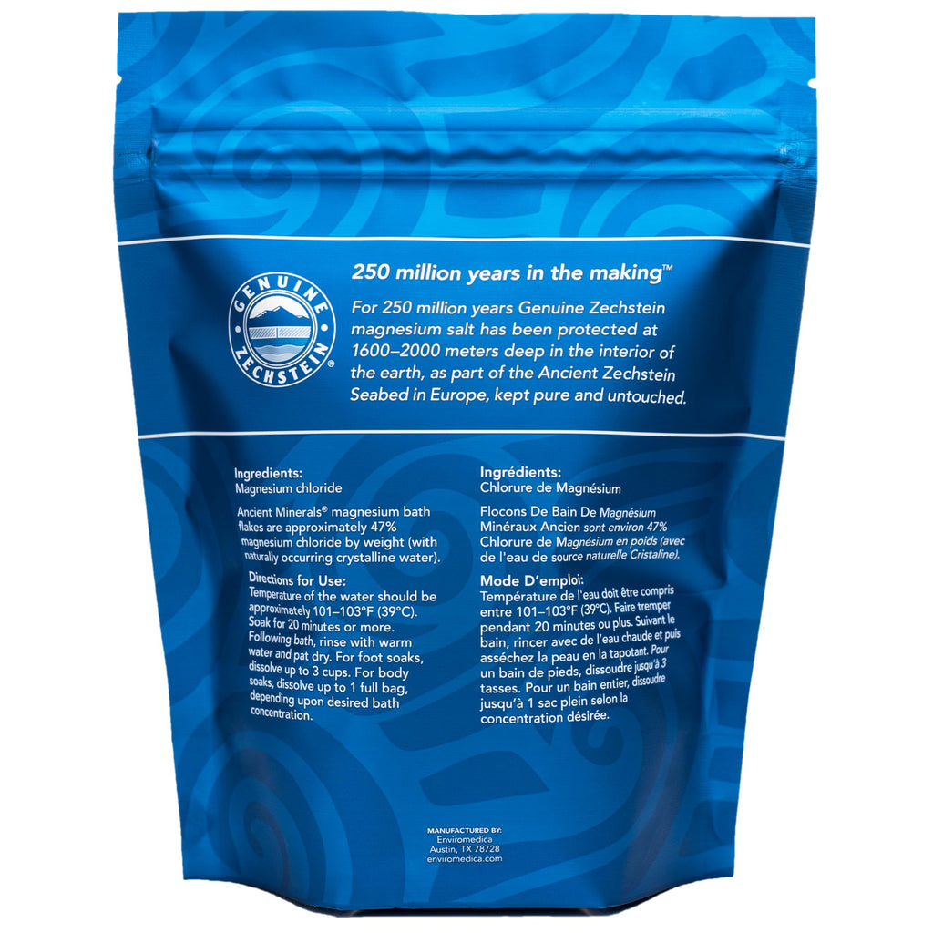 Ancient Minerals Magnesium Bath Flakes, Epsom Salt Alternative, 8lb | Pure Zechstein magnesium chloride flakes for soaking & whole-body replenishment. 8 lb resealable bag.