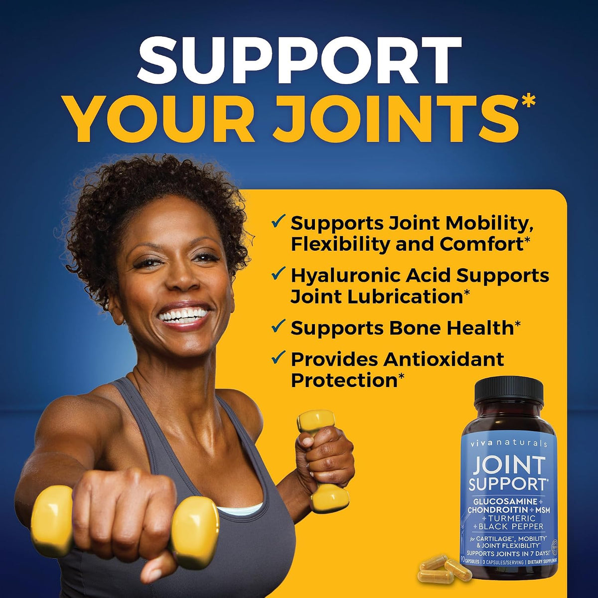 Viva Naturals Glucosamine Chondroitin MSM Joint Support Supplement, 90 Capsules - with Turmeric, Black Pepper, Boswellia and Hyaluronic Acid - Joint Health Supplement for Mobility and Flexibility