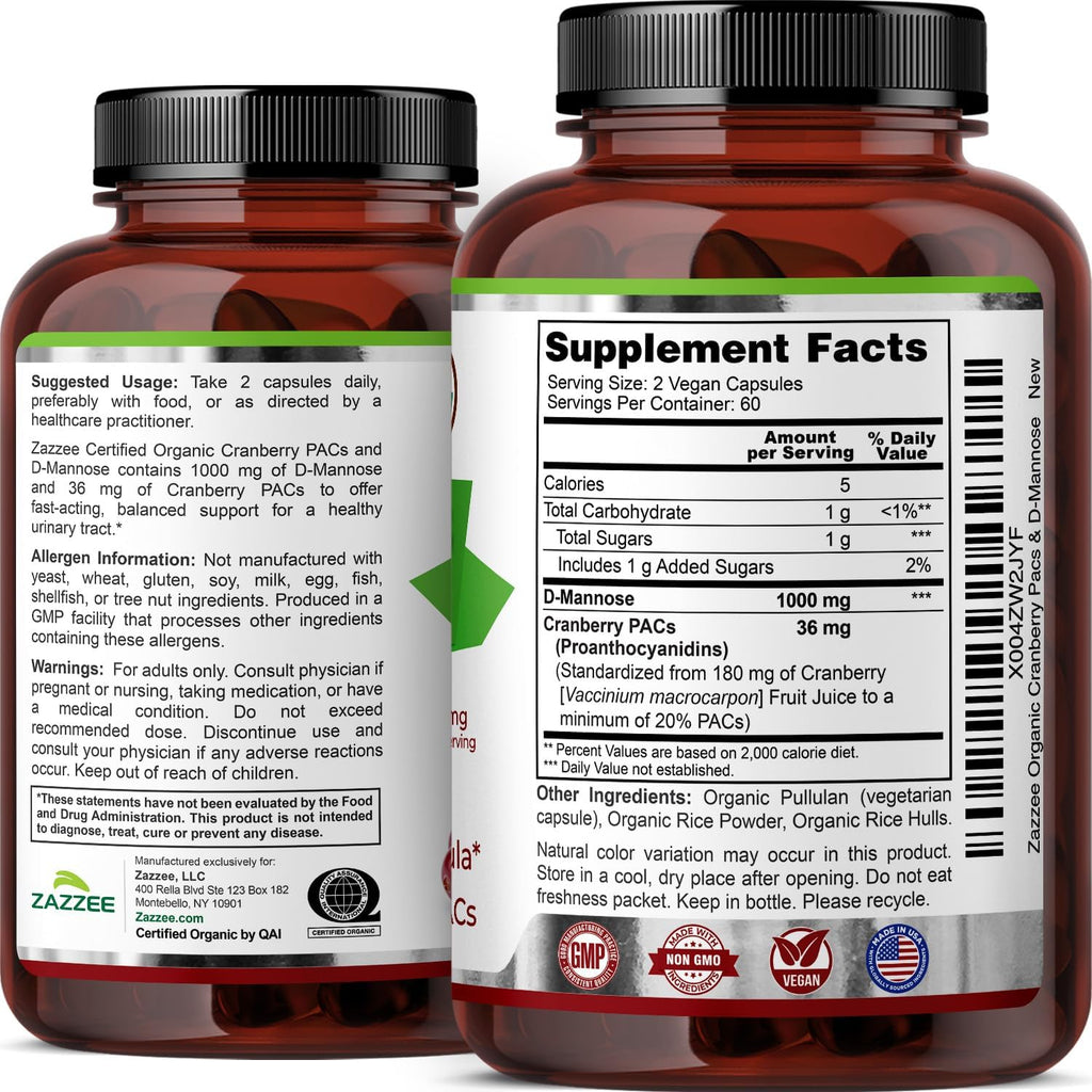Zazzee USDA Organic Cranberry PACs & D-Mannose, 36 mg PACs per Serving, 1000 mg D-Mannose per Serving, 120 Vegan Capsules, 2 Month Supply, Urinary Tract & Bladder Support, Non-GMO, Made in the USA