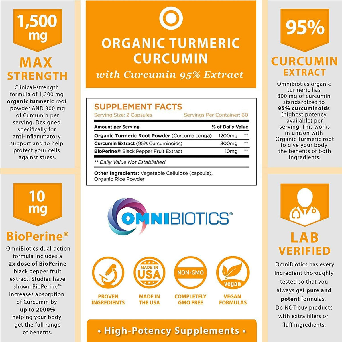OmniBiotics Organic Turmeric Curcumin Supplement with Black Pepper Extract – 1500mg Turmeric with 95% Curcuminoids & BioPerine, High Absorption for Joint Support – 120 Vegan Capsules