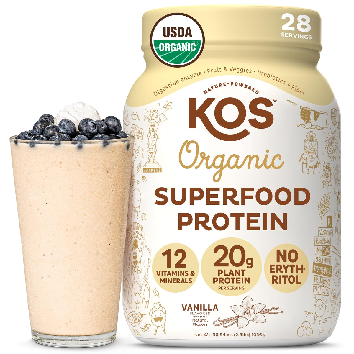 KOS Vegan Protein Powder Erythritol Free, Vanilla USDA Organic - Pea Protein Blend, Plant Based Superfood Rich in Vitamins & Minerals - Keto, Dairy Free - Meal Replacement for Women & Men, 28 Servings