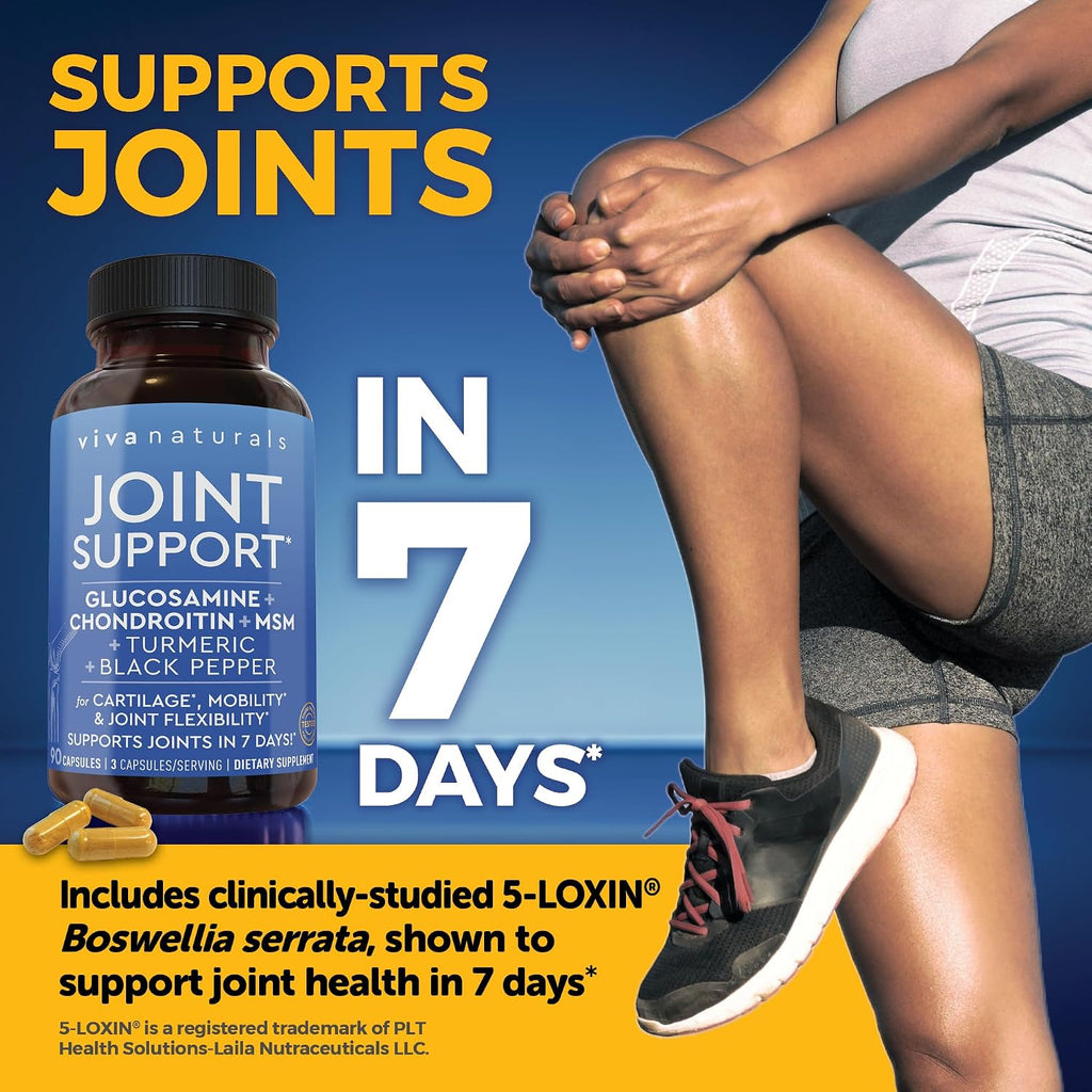 Viva Naturals Glucosamine Chondroitin MSM Joint Support Supplement, 90 Capsules - with Turmeric, Black Pepper, Boswellia and Hyaluronic Acid - Joint Health Supplement for Mobility and Flexibility
