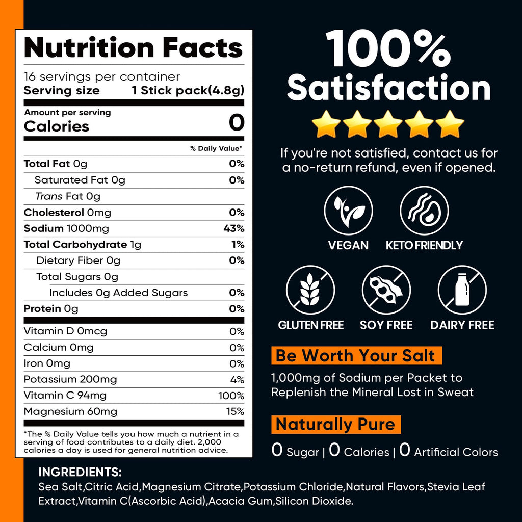 Venture Pal High Sodium Sugar-Free Electrolytes Powder Packets, 16 Sticks | Hydration Packets with Sodium, Potassium & Magnesium, Zero Calories, Keto, Vegan, and Paleo Friendly
