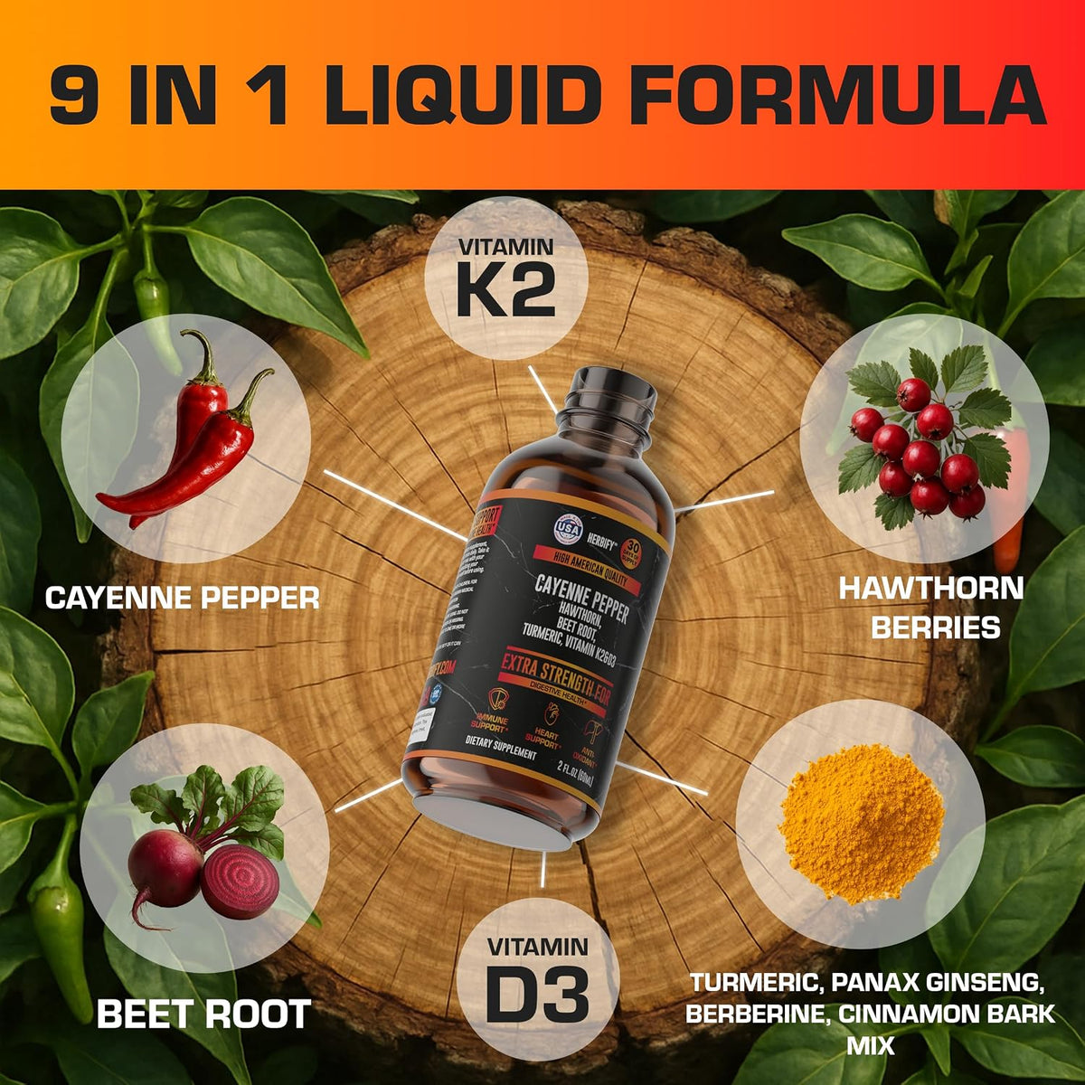 HERBIFY Cayenne Pepper Drops - Immune Support Supplement - Detox & Digestion Support - Cayenne Pepper Hawthorn Beet Root Turmeric Vitamin K2 D3 - Energy Supplements Extract - 2 Fl Oz - Made in USA