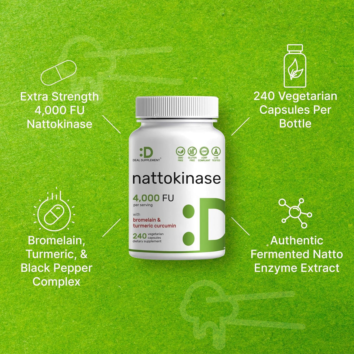 Nattokinase Supplement 4,000 FU Per Serving, 240 Veggie Capsules – Japanese Natto with Bromelain, Turmeric Curcumin & Black Pepper Complex – Digestive Enzymes & Heart Health – Non-GMO, Vegan