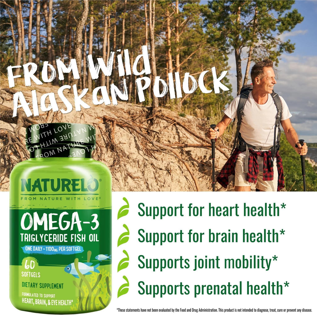 NATURELO Burpless Omega 3 Fish Oil Supplement - 1100mg Triglyceride Omega-3, EPA + DHA, Liquid Fish Oil for Heart, Eye, Brain, Joint Health - 120 Softgels, 4 Months Supply