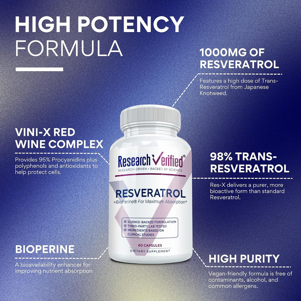 Research Verified Resveratrol - 98% Trans-Resveratrol 1000 mg, Anti-Aging Support - 60 Capsules per Bottle - 3 Bottles