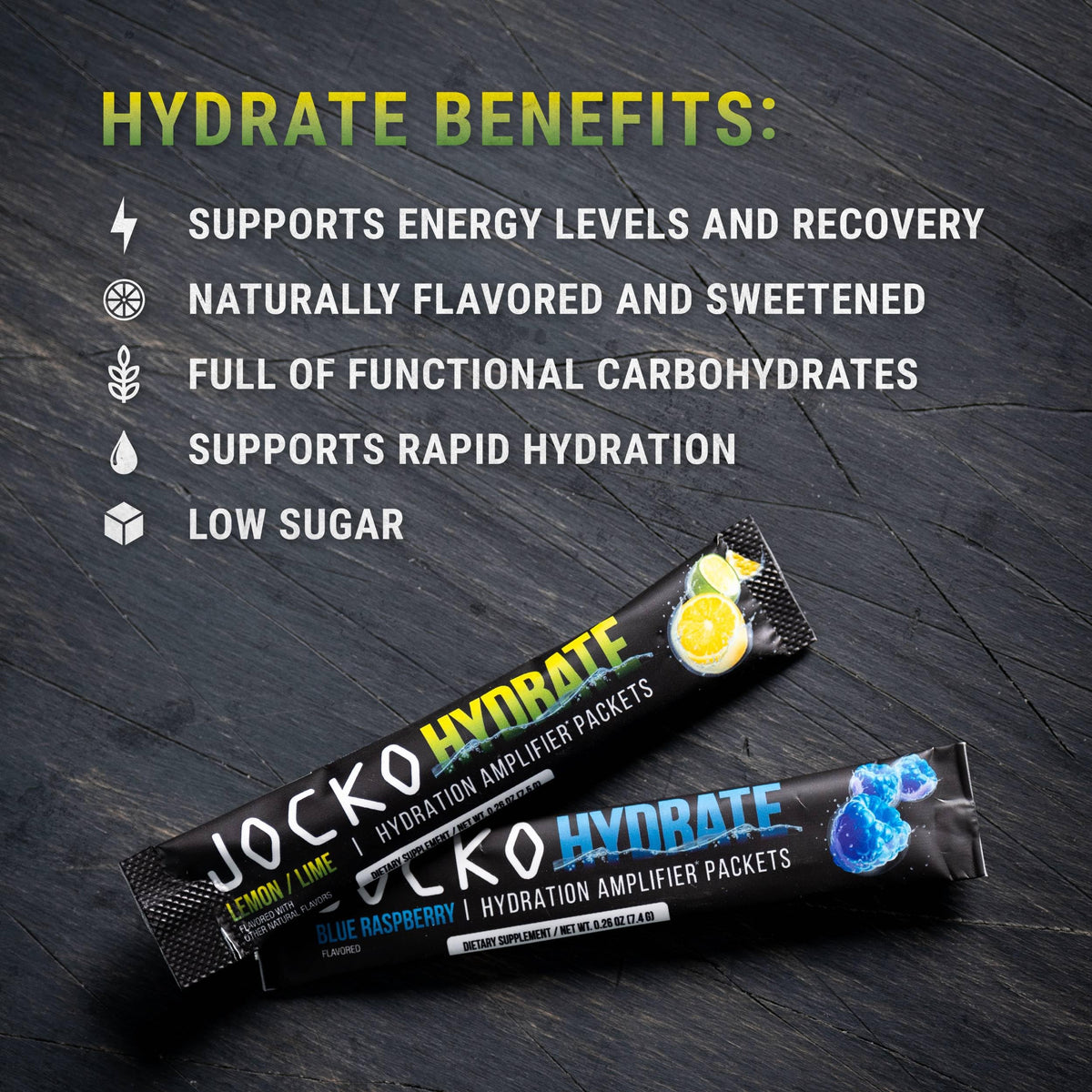 Jocko Fuel Packets Low Sugar - Hydration Amplifier Packets for Recovery, Dehydration, & Exercise - with Vitamins B6, B12 & C (16 Packets) Lemon Lime