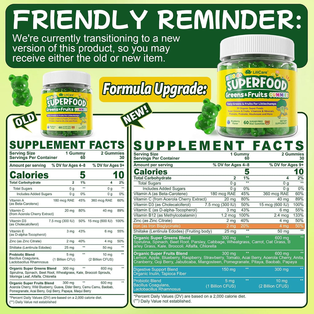 Kids Super Greens Gummies, Superfood Multivitamin for Kids, 30 Veggie, Fruit, Vitamin, Mineral, Probiotic, Kids Vitamin Gummies for Growth, Immunity, Digestion, Picky Eater Approved, Sugar Free 2Pack