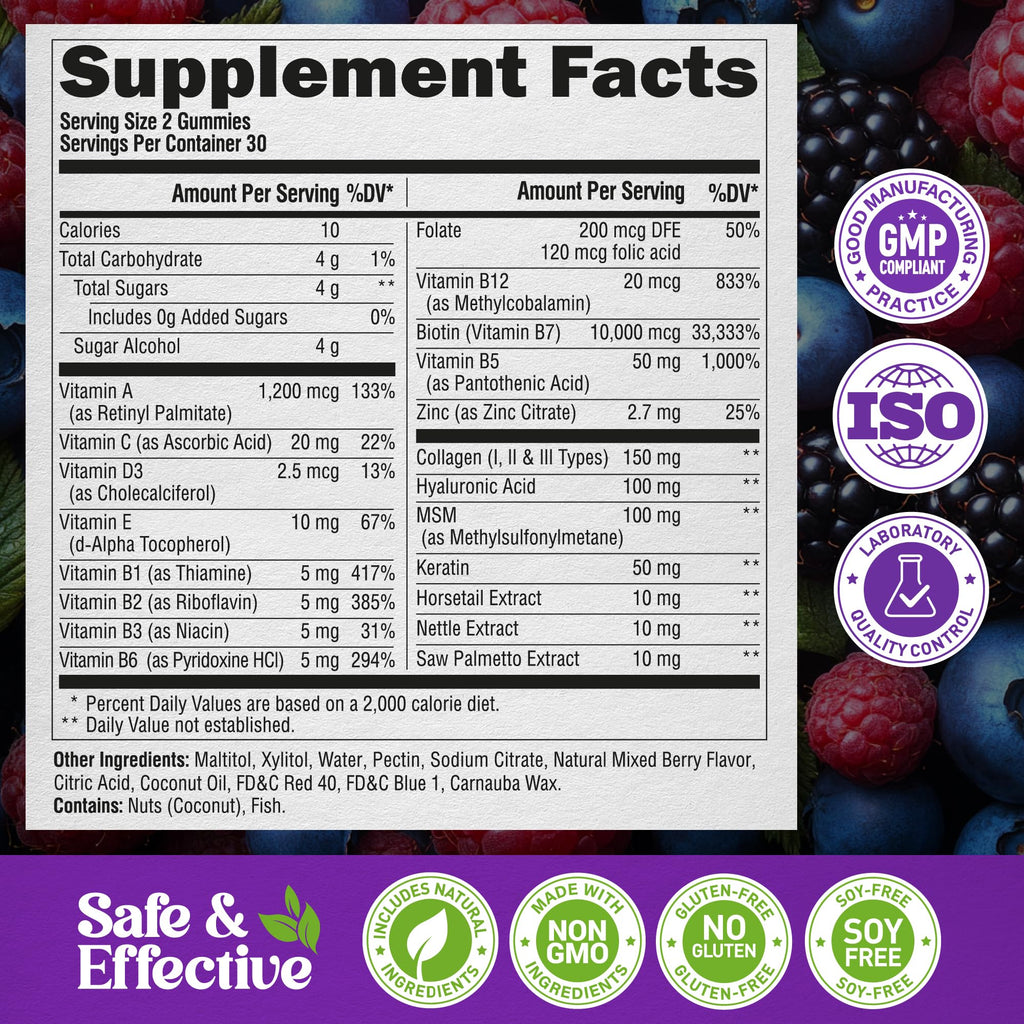 Biotin Gummies with Collagen - Hair Growth Support, Skin, & Nail Strength - for Women & Men - Biotin 10000mcg | Keratin | Hyaluronic Acid | B-Complex | Nettle - Sugar-Free, Mixed Berry, 60 Gummies