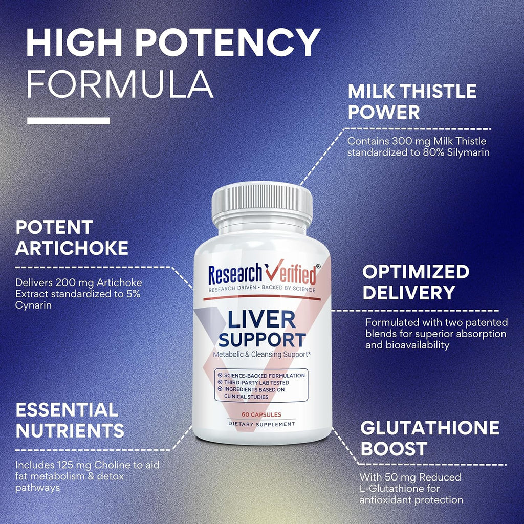 Research Verified Liver Support - Liposomal Milk Thistle, Artichoke Extract, Glutathione, BioPerine - Vegan - 60 Capsules - Pack of 1