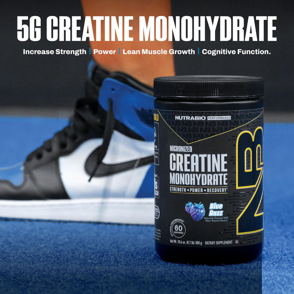 NutraBio Pure Micronized Creatine Monohydrate Powder Supplement, Blue Razz (300 g) - Supports Bulk Muscle Energy, Recovery, and Strength - HPLC Tested Creatine Powder Supplement for Men and Women