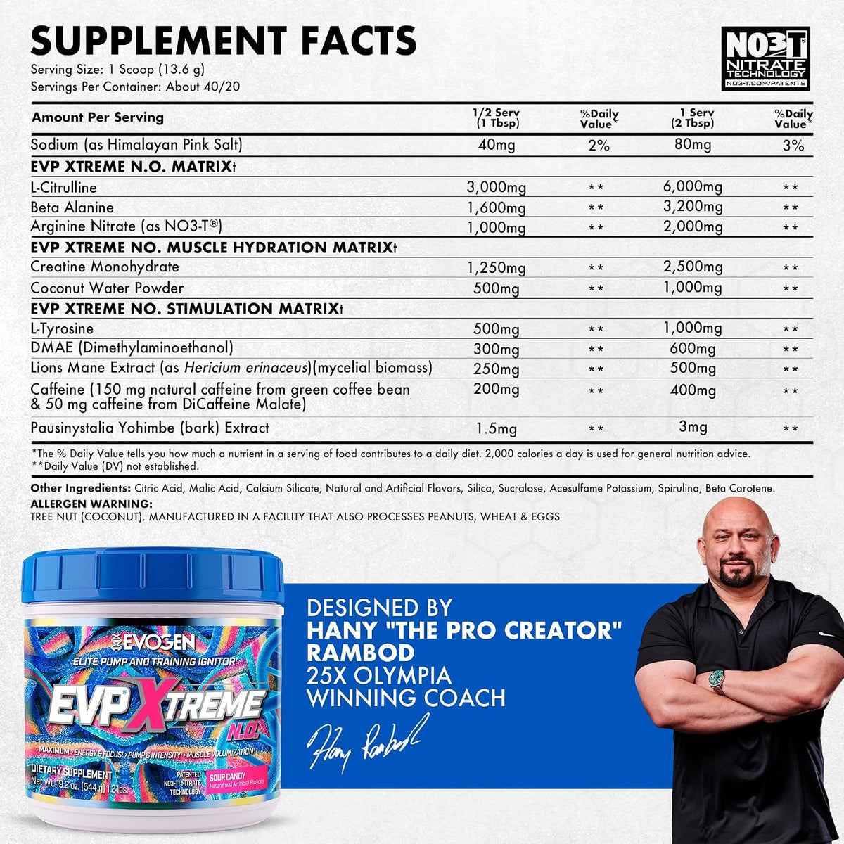 Evogen EVP Xtreme NO Pre-Workout for Men & Women | Sour Candy | 40 Servings | Arginine nitrate, L-citrulline, beta-alanine, creatine and coconut water; caffeine and yohimbe for energy and pumps