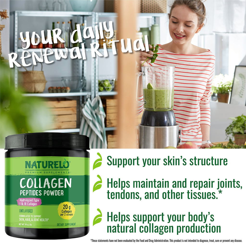 NATURELO Collagen Peptide Powder, Hydrolyzed Collagen Type I & III, Skin Hair & Joint Health - Unflavored, 16 Ounces | 45 Servings