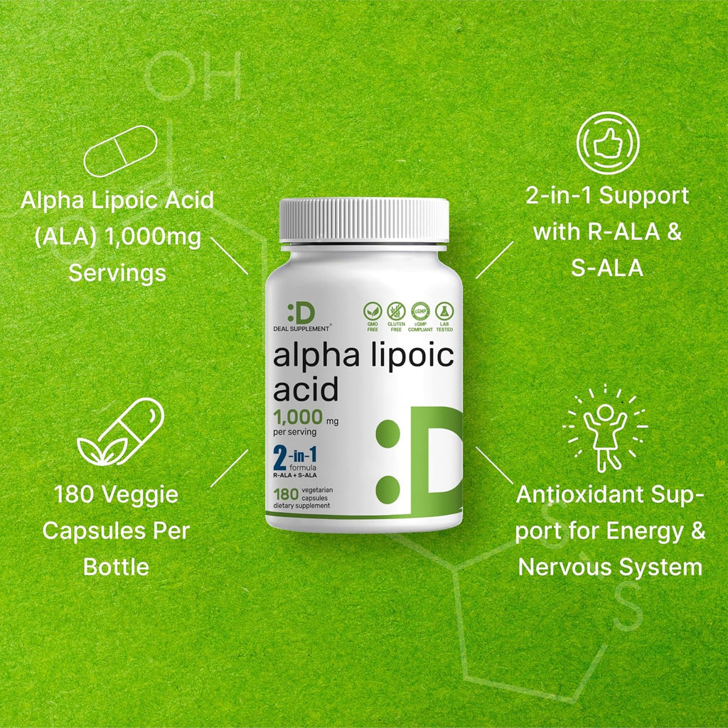 Alpha Lipoic Acid 1,000mg, 180 Veggie Capsules – 50/50 R-ALA & S-ALA for Max Bioavailability – Antioxidant Supplement – Energy & Nervous System Support – Non-GMO