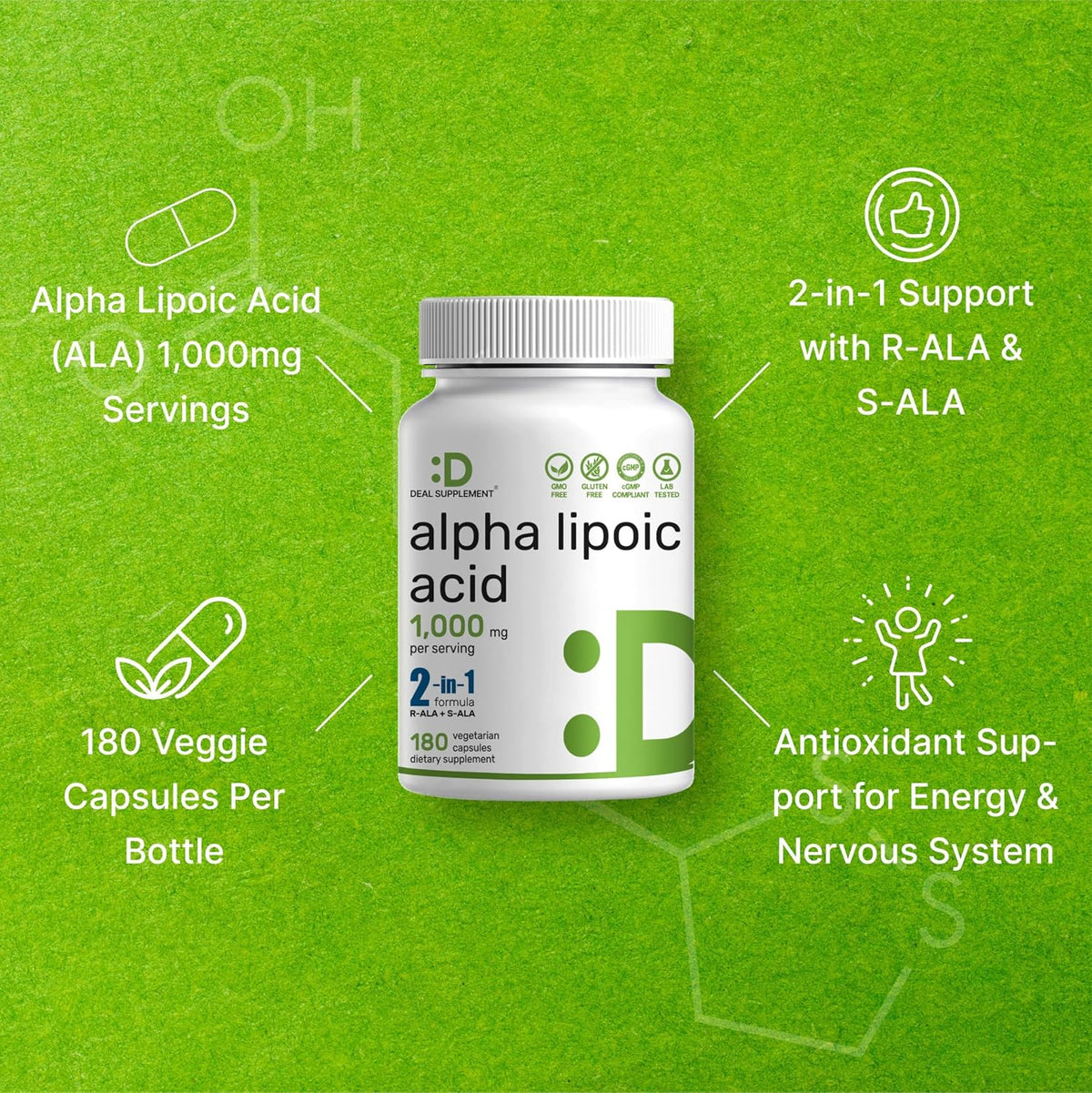 Alpha Lipoic Acid 1,000mg, 180 Veggie Capsules – 50/50 R-ALA & S-ALA for Max Bioavailability – Antioxidant Supplement – Energy & Nervous System Support – Non-GMO