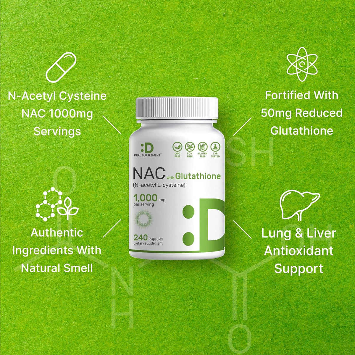 DEAL SUPPLEMENT NAC Supplement (N-Acetyl Cysteine) 1,000mg Per Serving with Reduced Glutathione, 240 Capsules – Antioxidant Support for Immune Health, Lung, & Liver Function