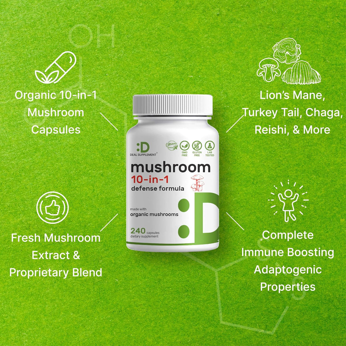 Organic 10-in-1 Mushroom Supplement, 240 Capsules – Lions Mane, Turkey Tail, Reishi, Cordyceps & More Mushroom Complex – Immune, Energy & Nootropic Brain Support – Non-GMO