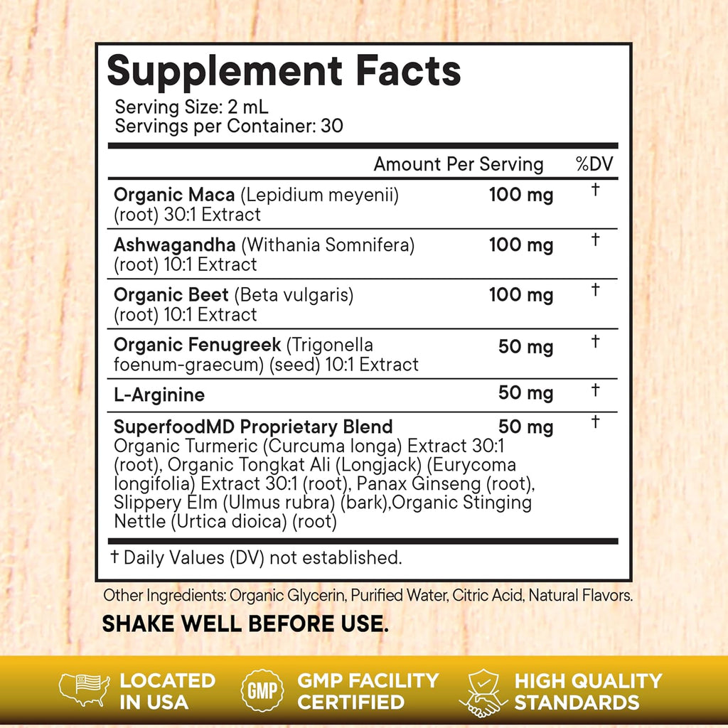 Superfood MD Maca Root Liquid Drops with Ashwagandha, Nettle, Fenugreek, Beet Root and L-Arginine Liquid Multivitamin for Women and Men - 8 Oz - PrimeBioHealth - canada supplements